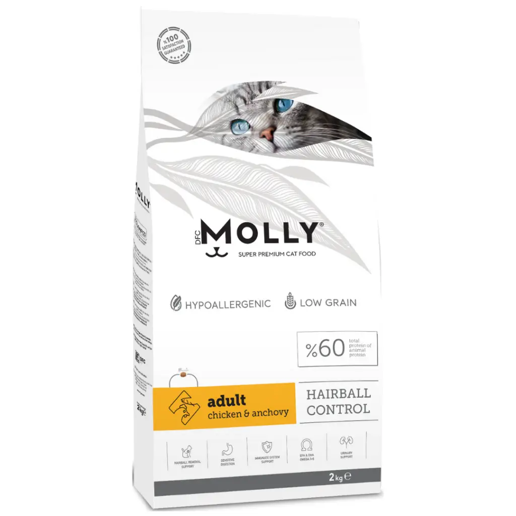 Molly Düşük Tahıllı Hypoallergenic Hairball Tavuklu & Hamsili Yetişkin Kedi Maması 2 Kg